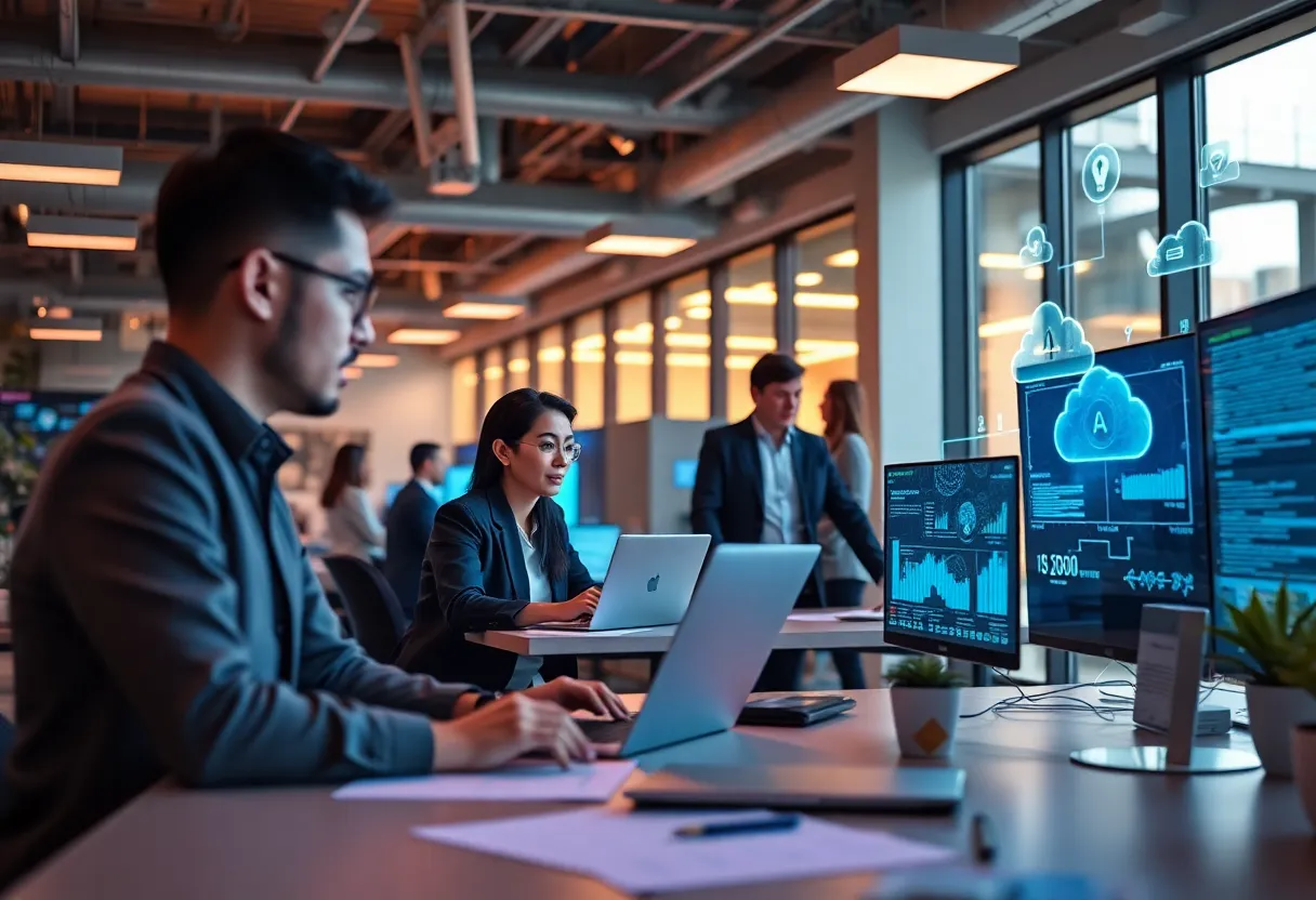 An office environment with teams collaborating and using modern digital technology.