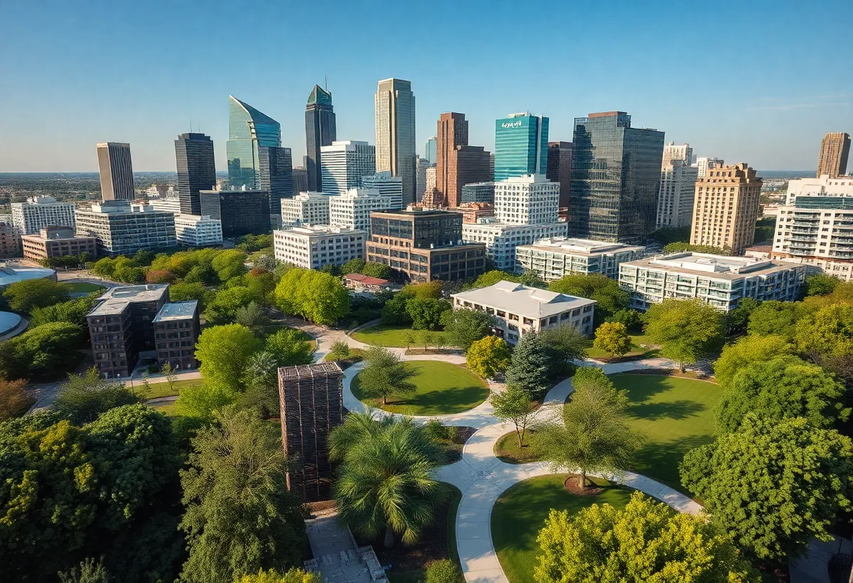 Cityscape of Dallas showcasing green spaces and sustainable buildings
