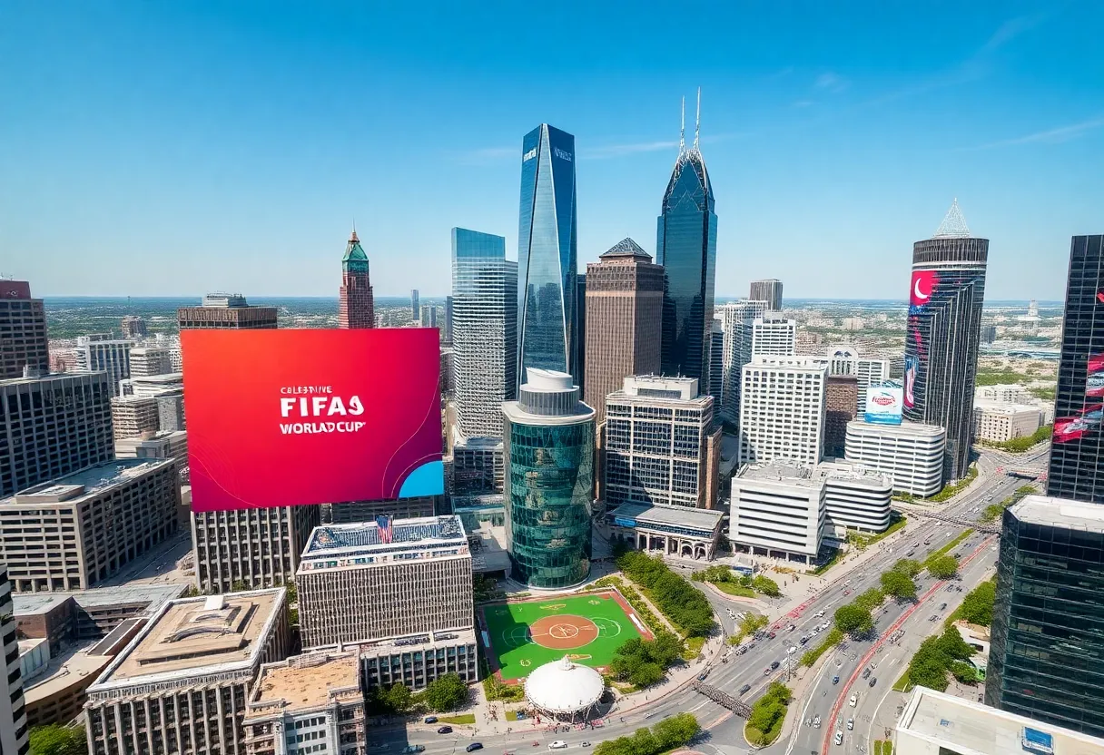 Aerial view of Dallas with FIFA World Cup banners and security preparations.