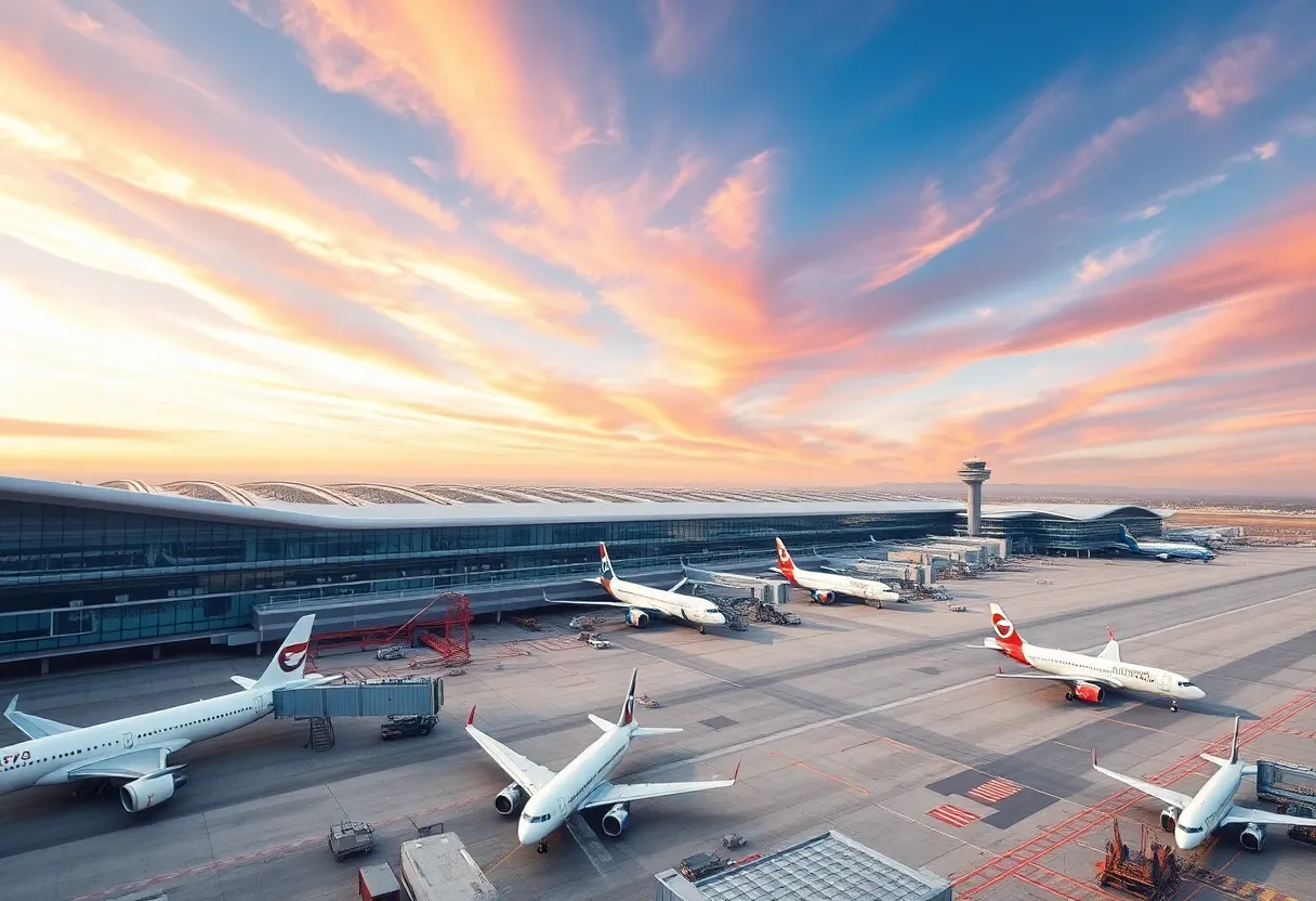 Illustration of an airport terminal under construction in Dallas Fort Worth with planes and workers.