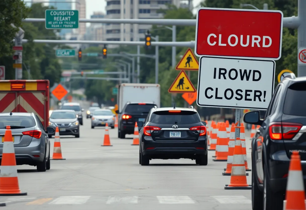 Construction signs on a road indicating closures in Dallas-Fort Worth