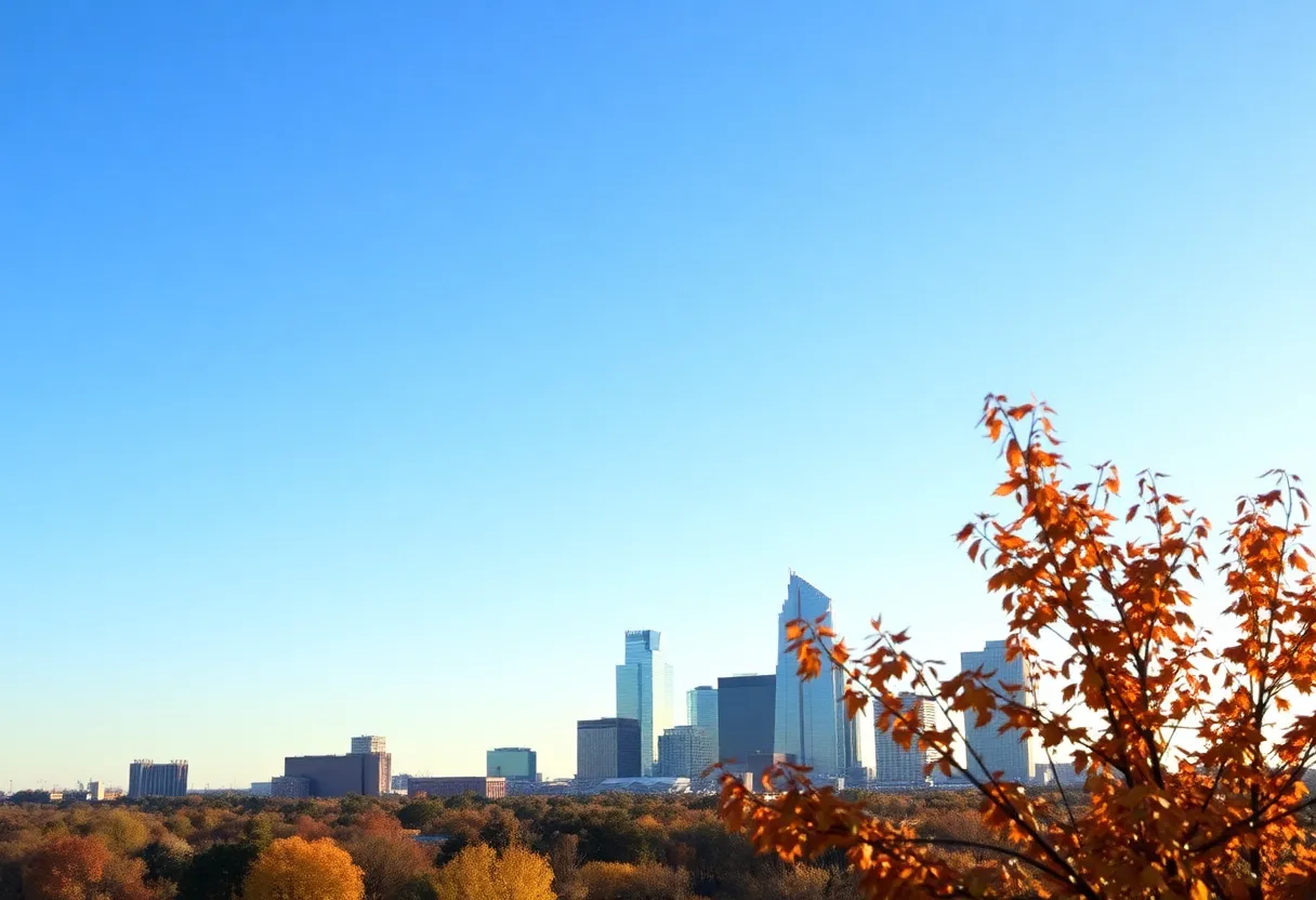 Clear skies over the Dallas-Fort Worth skyline with autumn foliage