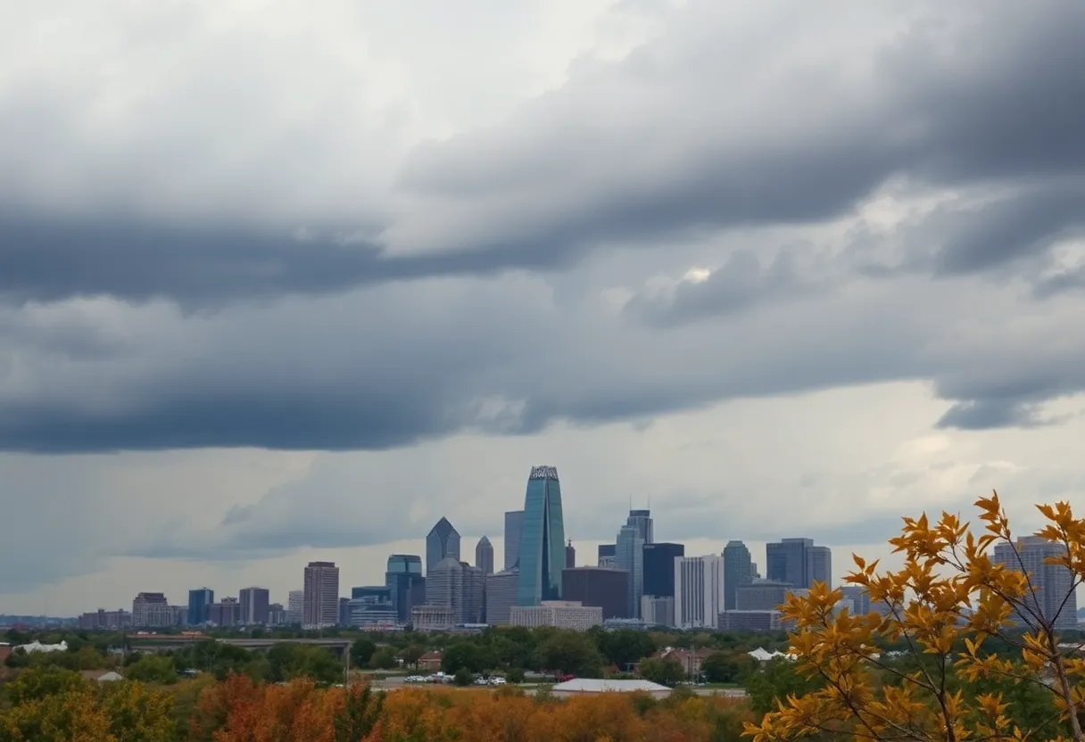 Dark storm clouds loom over the Dallas-Fort Worth skyline, indicating possible rain.