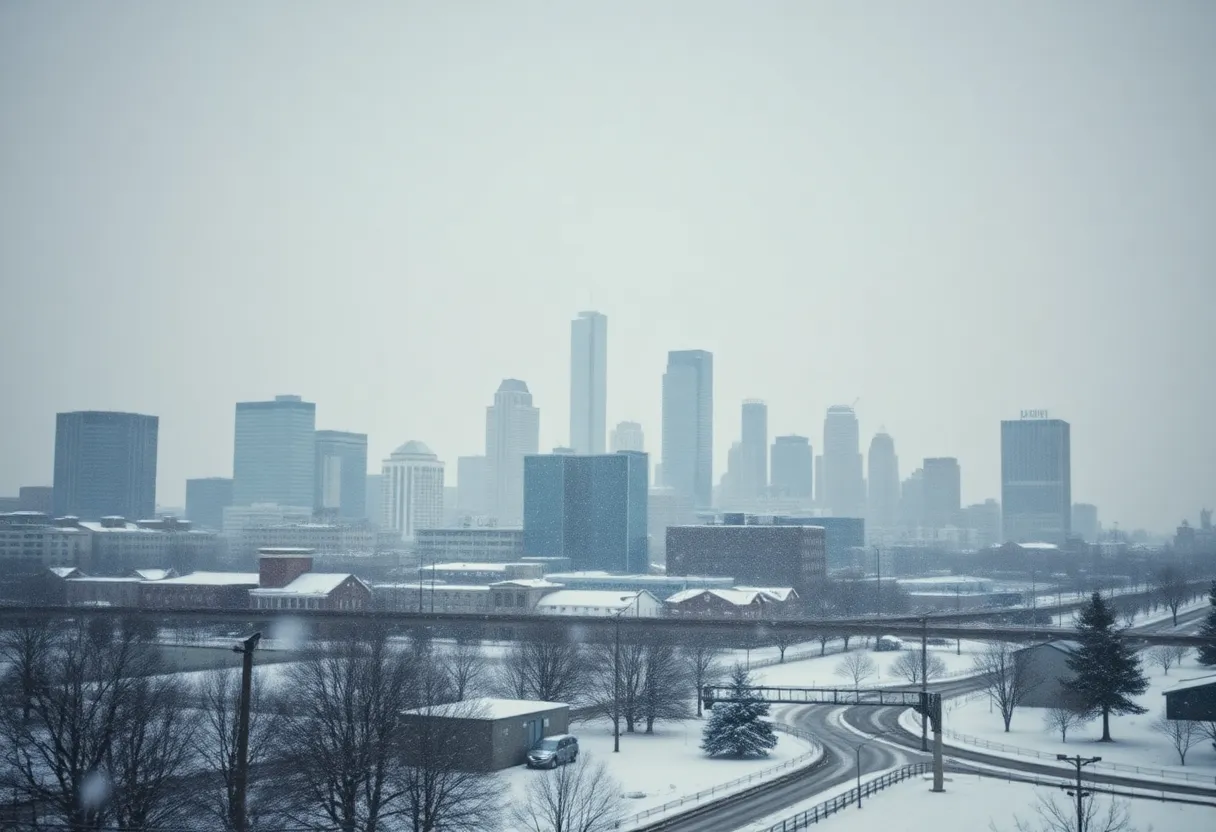 Snow-covered Dallas skyline during winter storm