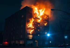 Firefighters responding to a fire at The Garrison apartments in Dallas.