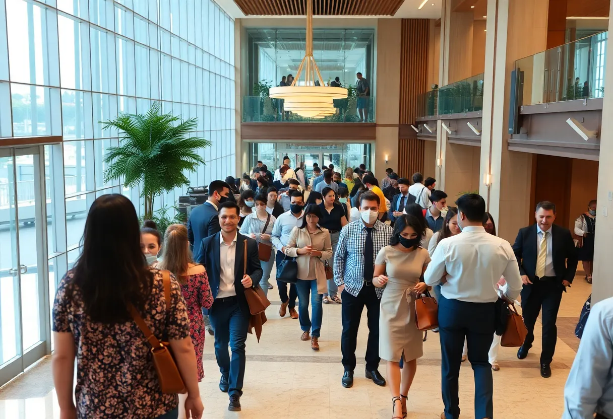 A vibrant hotel lobby filled with guests and staff, symbolizing diversity and hospitality.