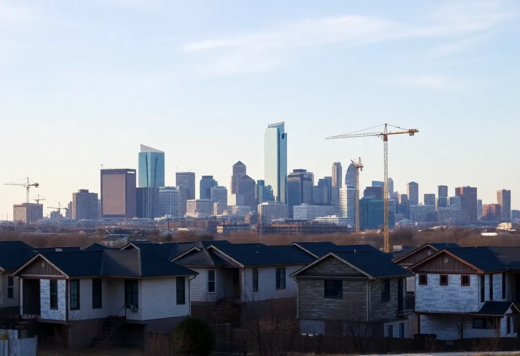 Skyline of Dallas with construction sites and vacant homes
