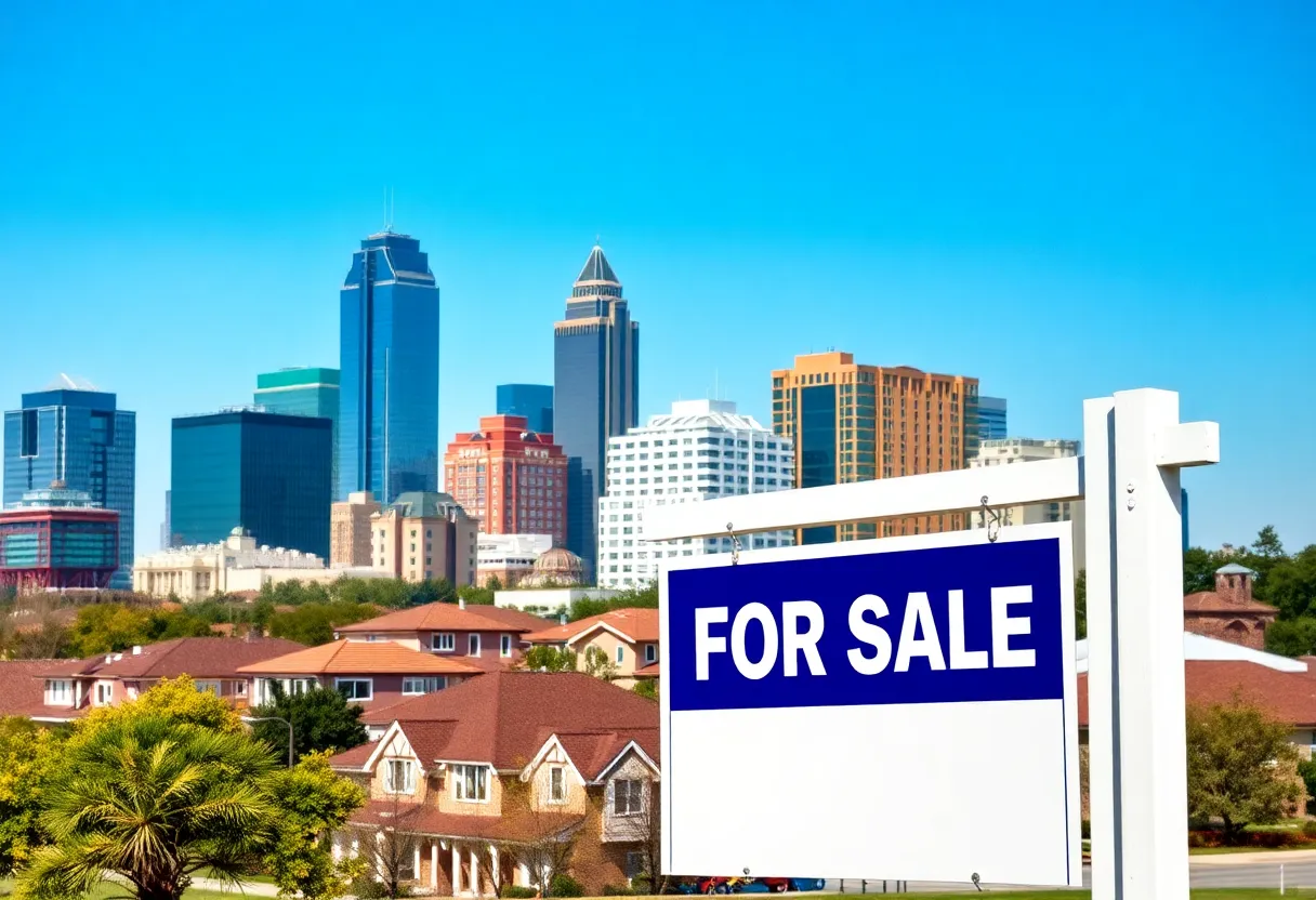 Dallas skyline with residential properties and for sale sign.
