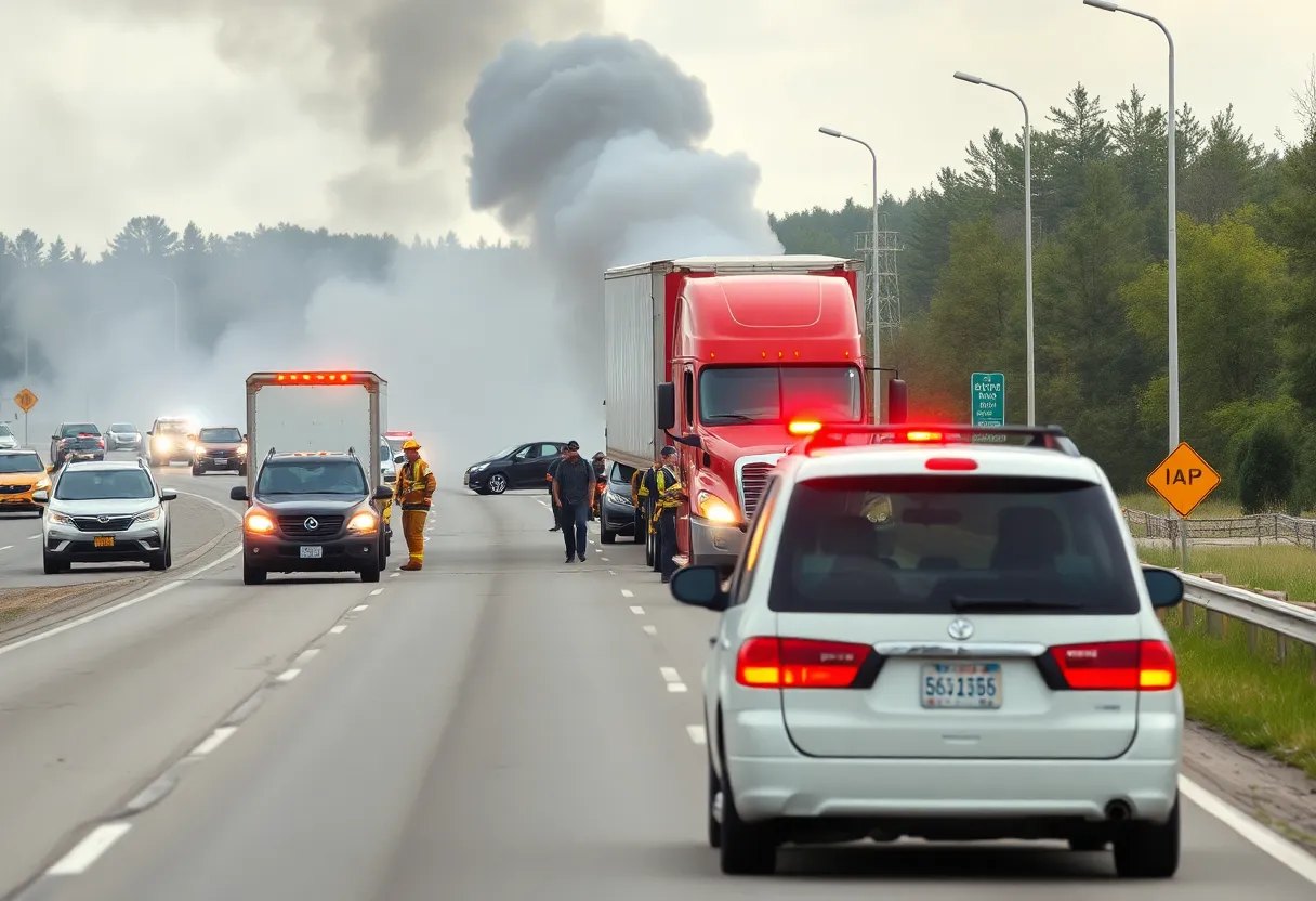 Emergency response crews managing a traffic accident on I-35E in Dallas