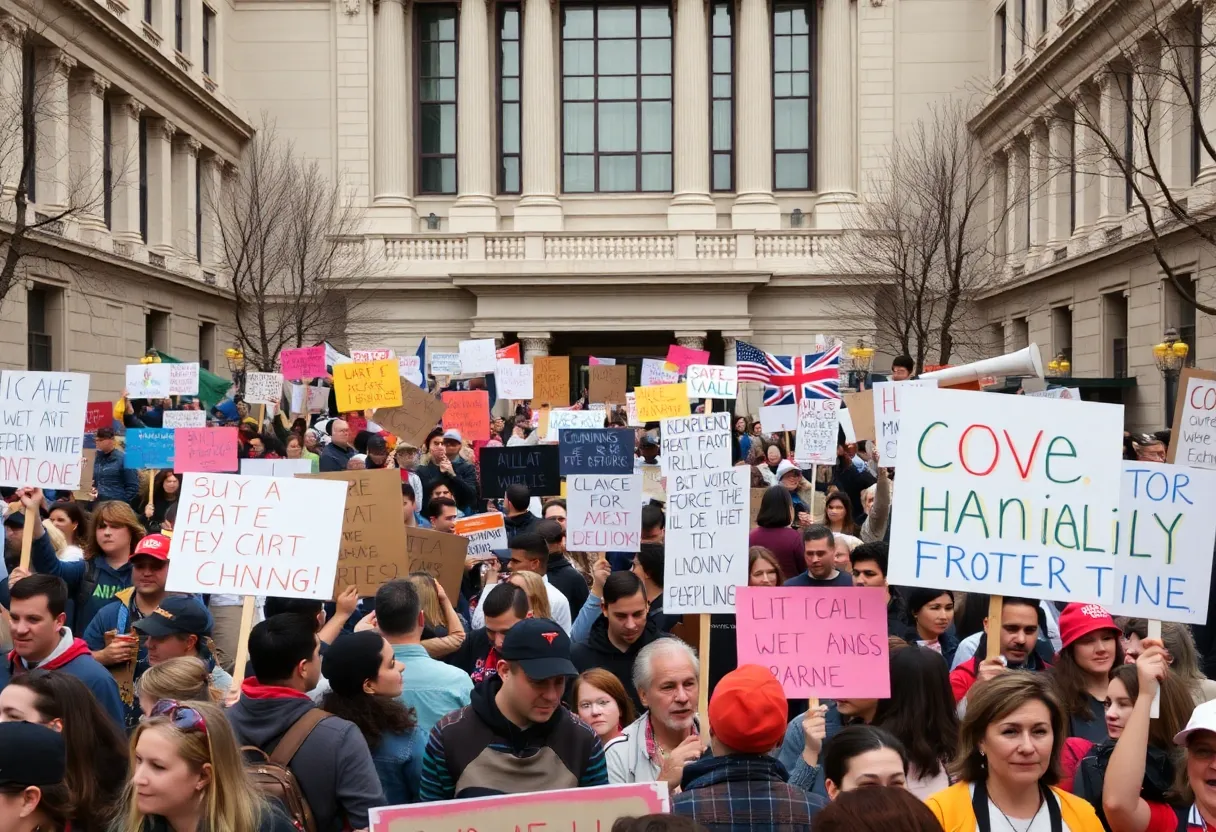 Protesters holding banners at the 'ICE Out Now' demonstration in Dallas