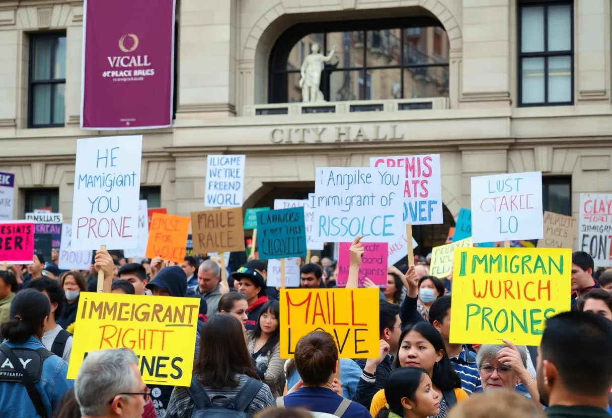 Protesters demonstrating against ICE outside Dallas City Hall