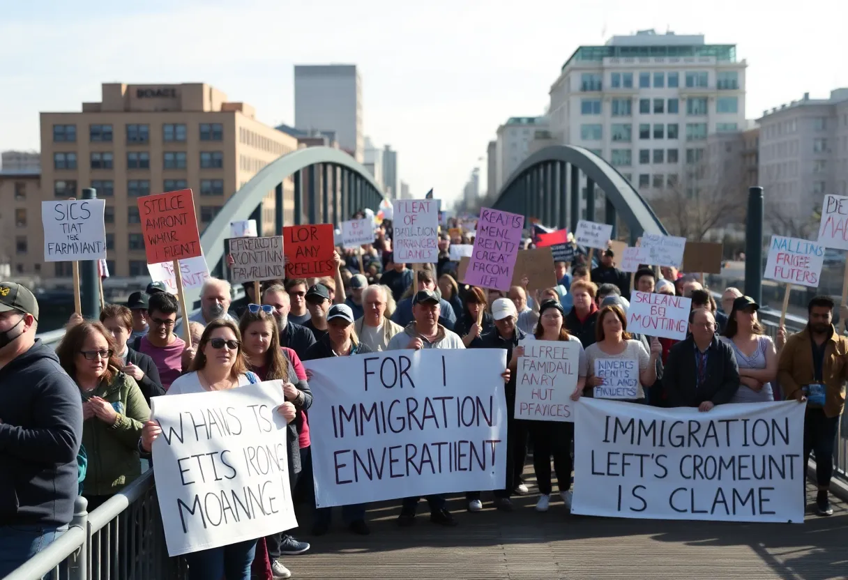 Protesters on a bridge opposing ICE practices