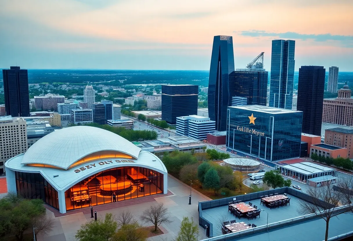 Dallas skyline with Morton H. Meyerson Symphony Center and Mister Charles restaurant
