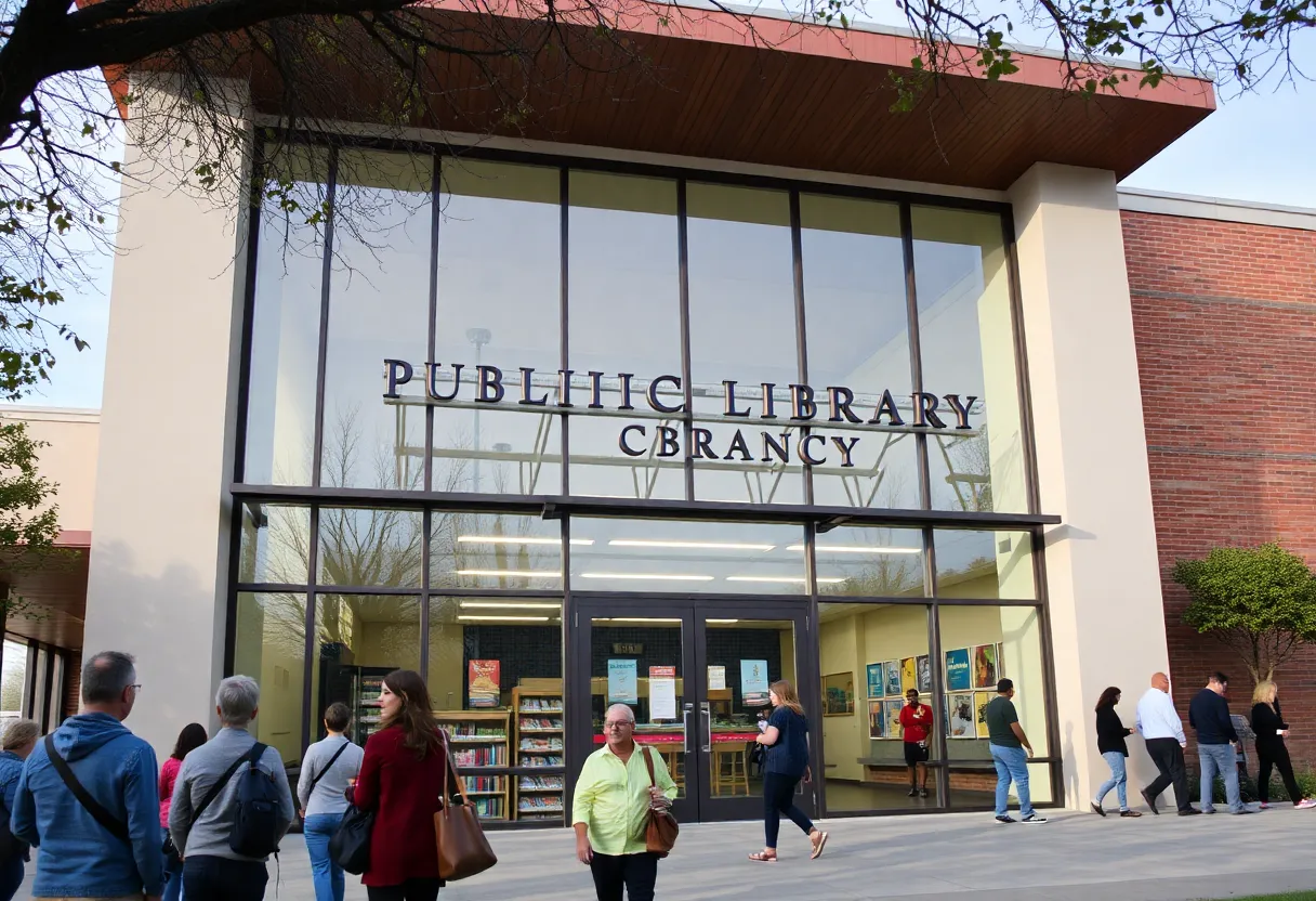 Exterior view of a Dallas public library branch with community members.