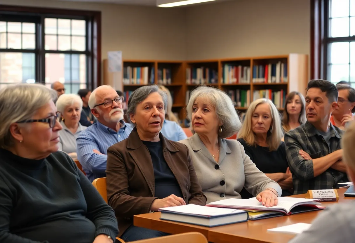 Residents and officials engaged in a discussion at a Dallas public library