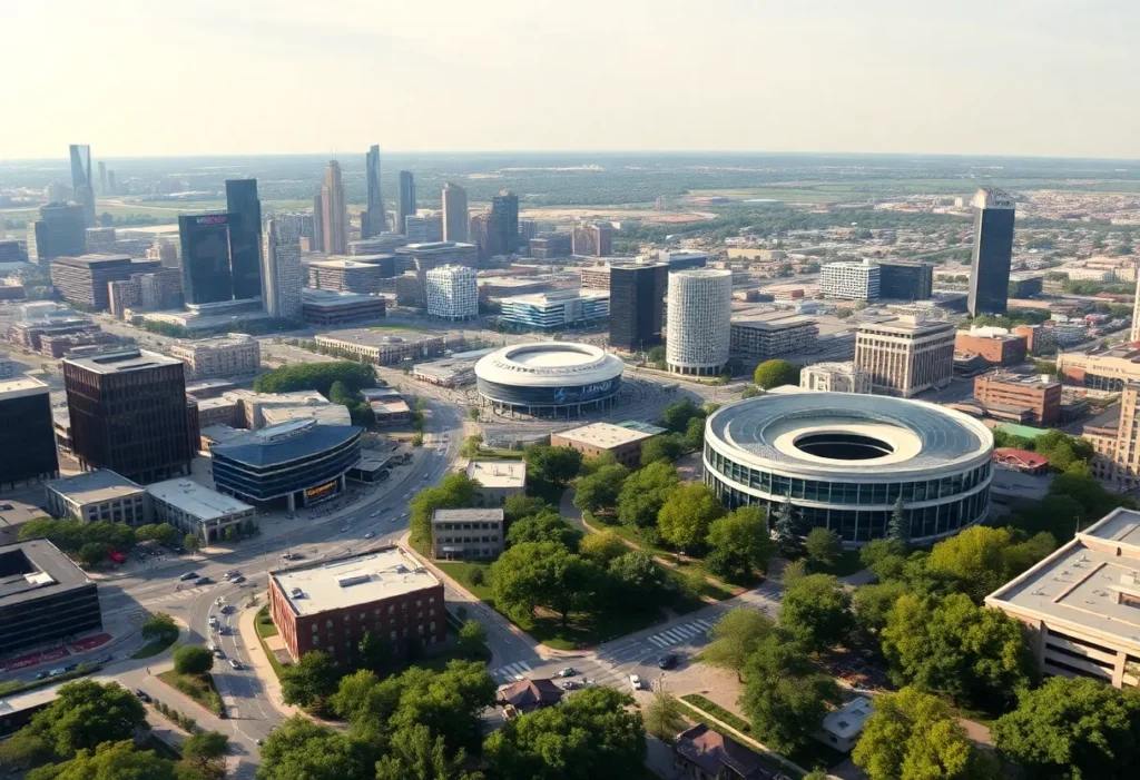 Panoramic view of potential arena sites in Dallas, including downtown and Valley View Center