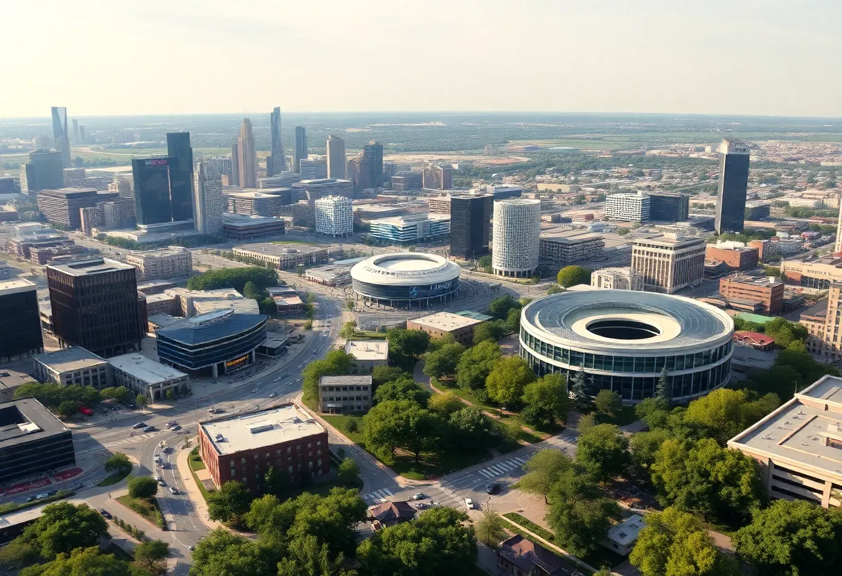 Panoramic view of potential arena sites in Dallas, including downtown and Valley View Center