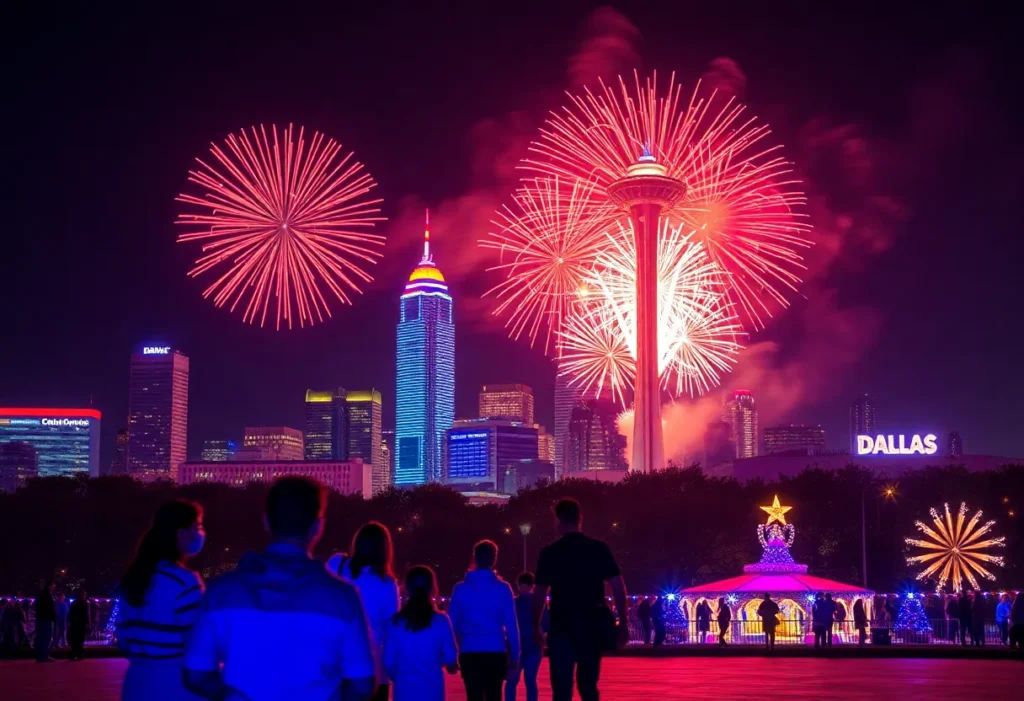 Fireworks over Reunion Tower in Dallas during New Year celebrations