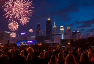 Fireworks over Dallas skyline during New Year celebration