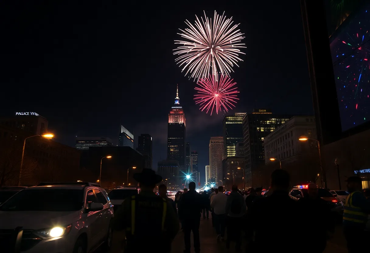 Crowd celebrating New Year's Eve in Dallas with fireworks and police presence.