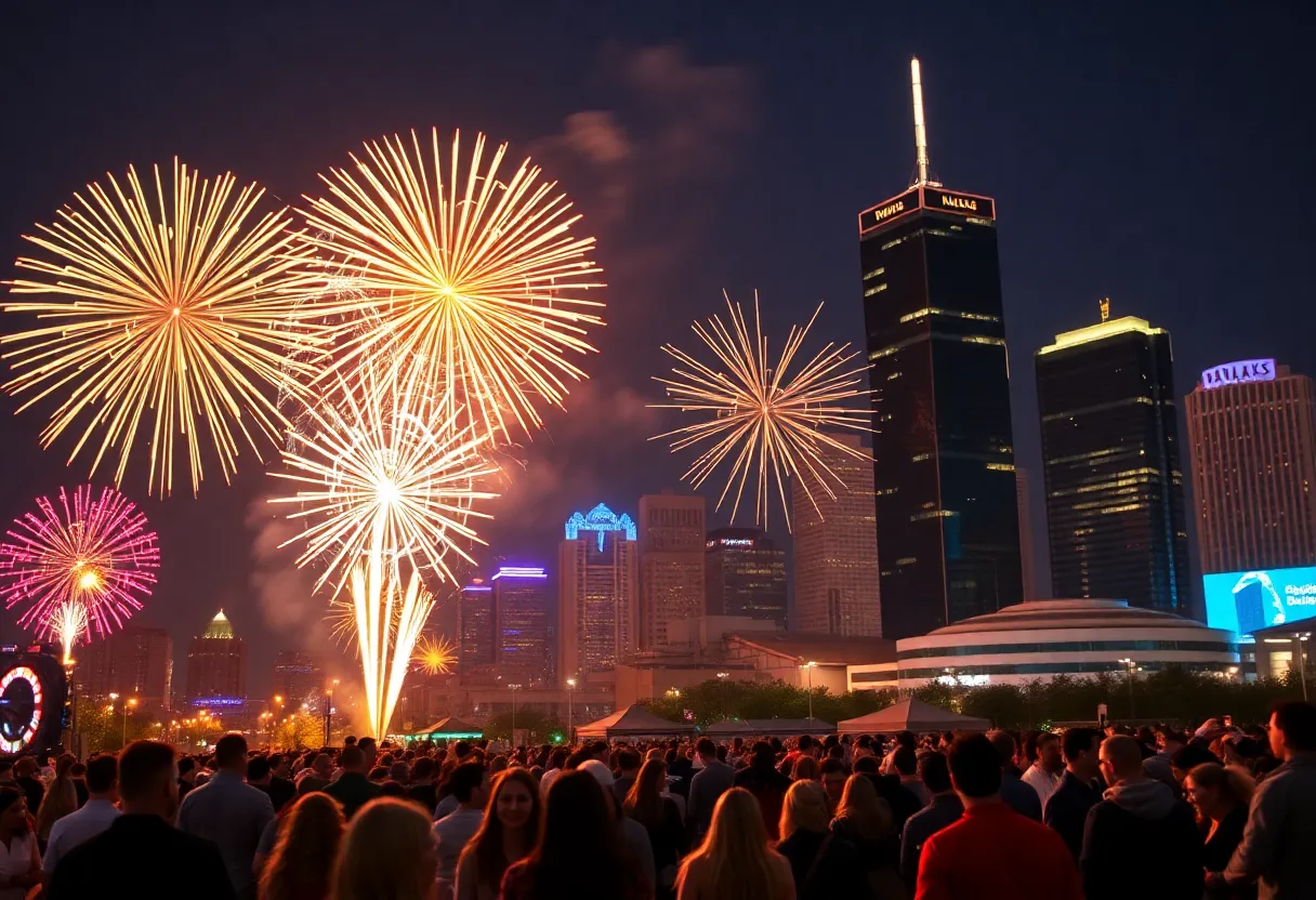 Fireworks lighting up the Dallas skyline during New Year's Eve celebrations.