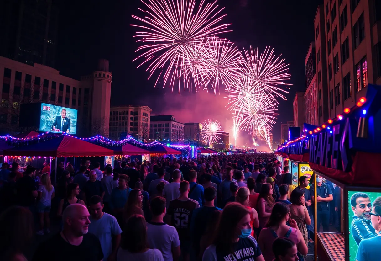 Crowd enjoying fireworks at the New Year's Eve celebration in Dallas