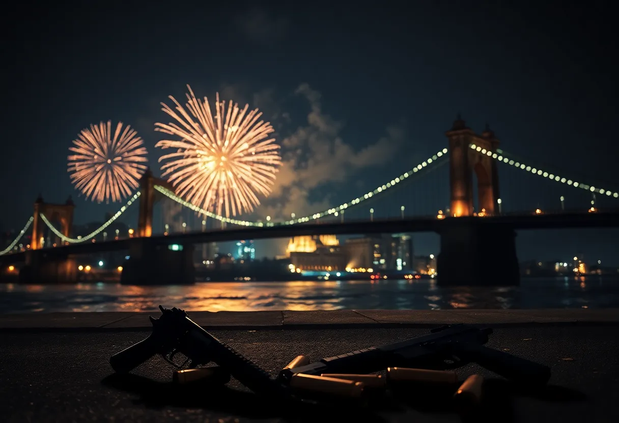Night view of Dallas with fireworks and a bridge, indicative of New Year's celebrations.