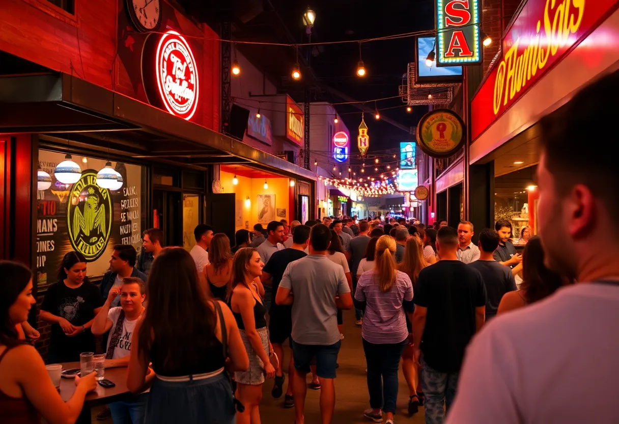 A lively nightlife atmosphere in Dallas with people enjoying music and community engagement.