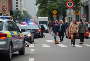 Urban street scene showing the aftermath of a traffic accident involving a police vehicle