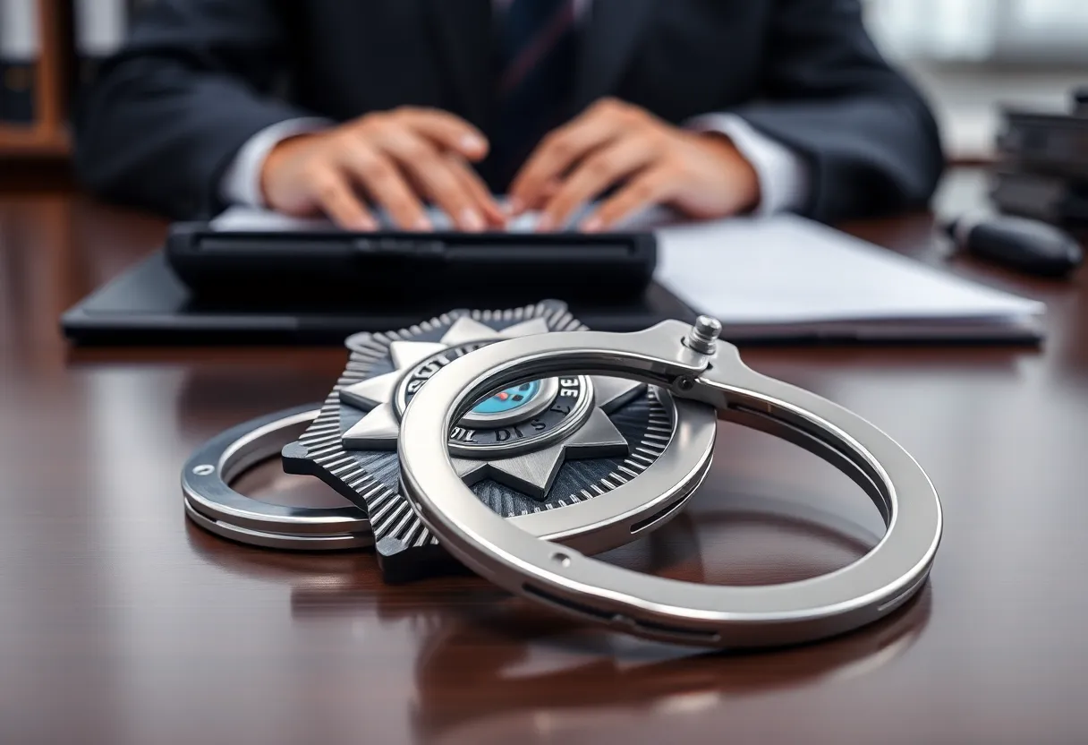 Police badge and handcuffs on a desk representing accountability