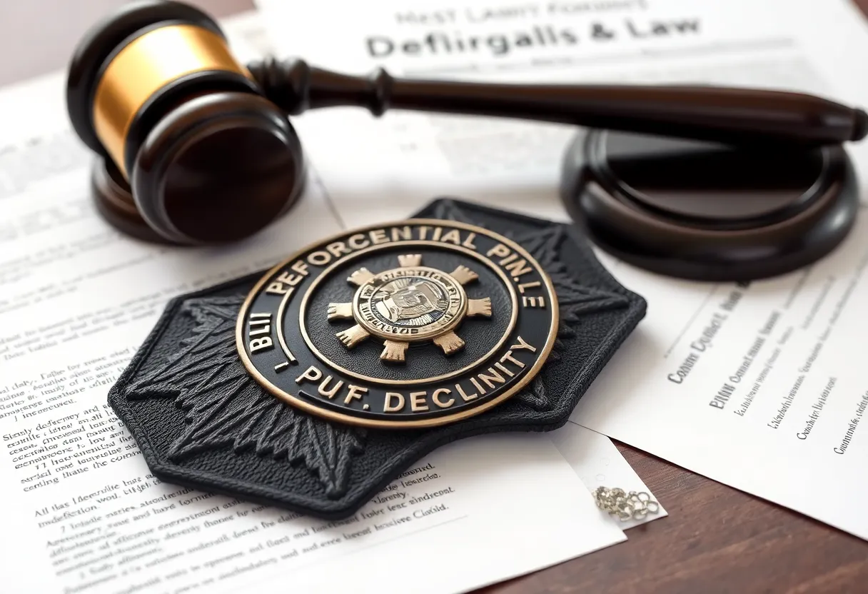 Police badge and disciplinary paperwork on a desk