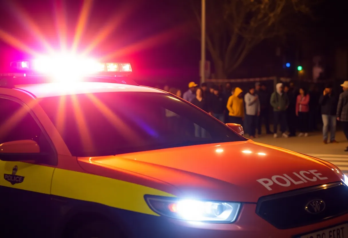 Police car at night with emergency lights on during an incident in Dallas.