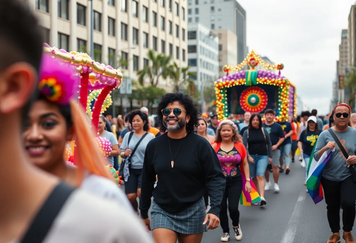 Dallas Pride parade featuring colorful floats and diverse participants in downtown Dallas.