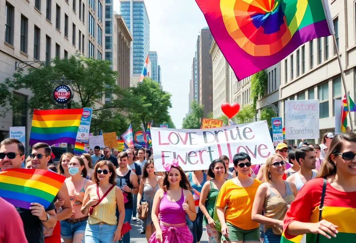 Participants celebrating at the Dallas Pride Parade with colorful flags and banners.
