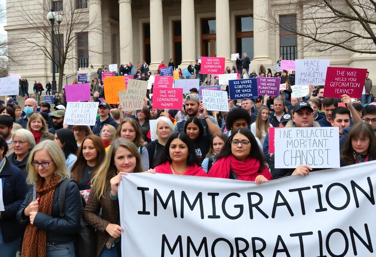 Protesters gathered outside Dallas City Hall demonstrating against ICE actions.
