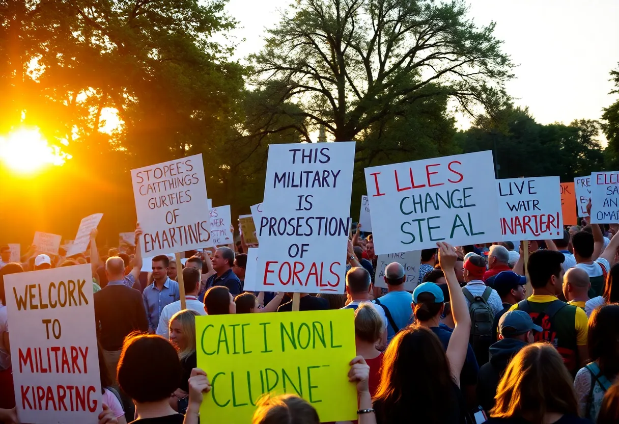 Crowd of protesters holding signs at Main Street Garden Park