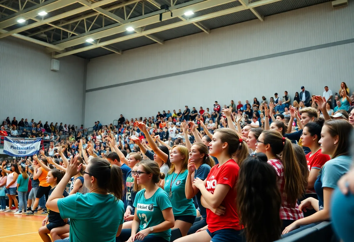 Crowd cheering during the inaugural match of the Dallas Pulse volleyball team at Comerica Center.