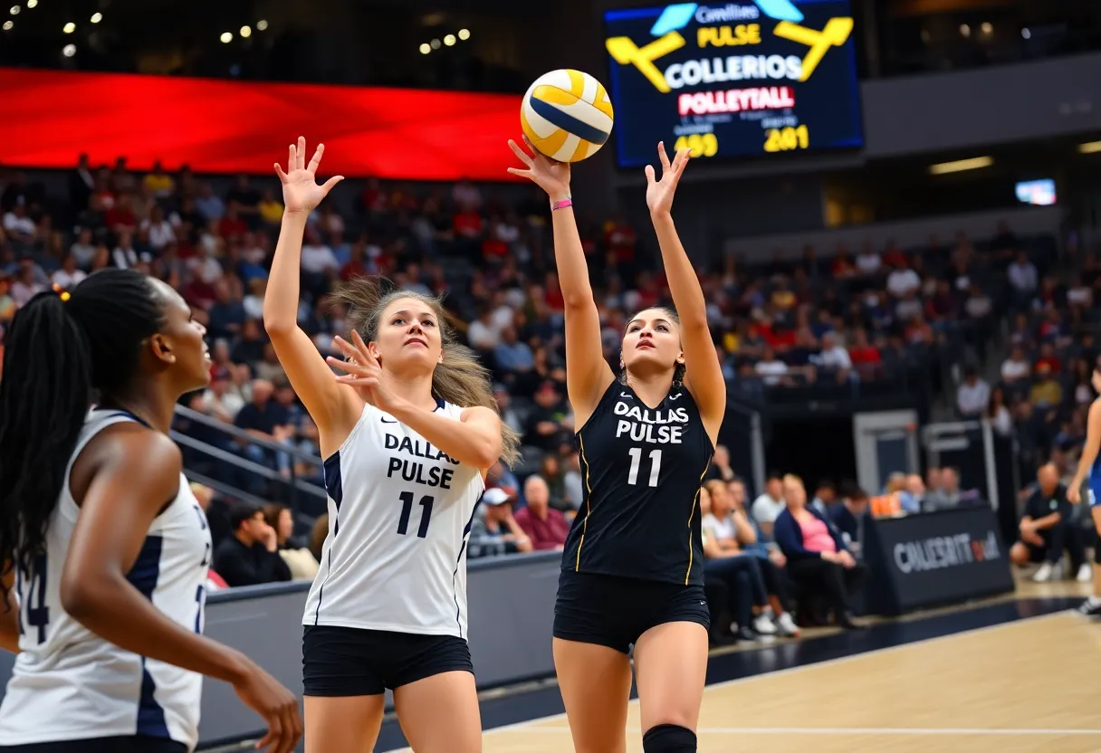 Dallas Pulse volleyball team in action during inaugural match at Comerica Center
