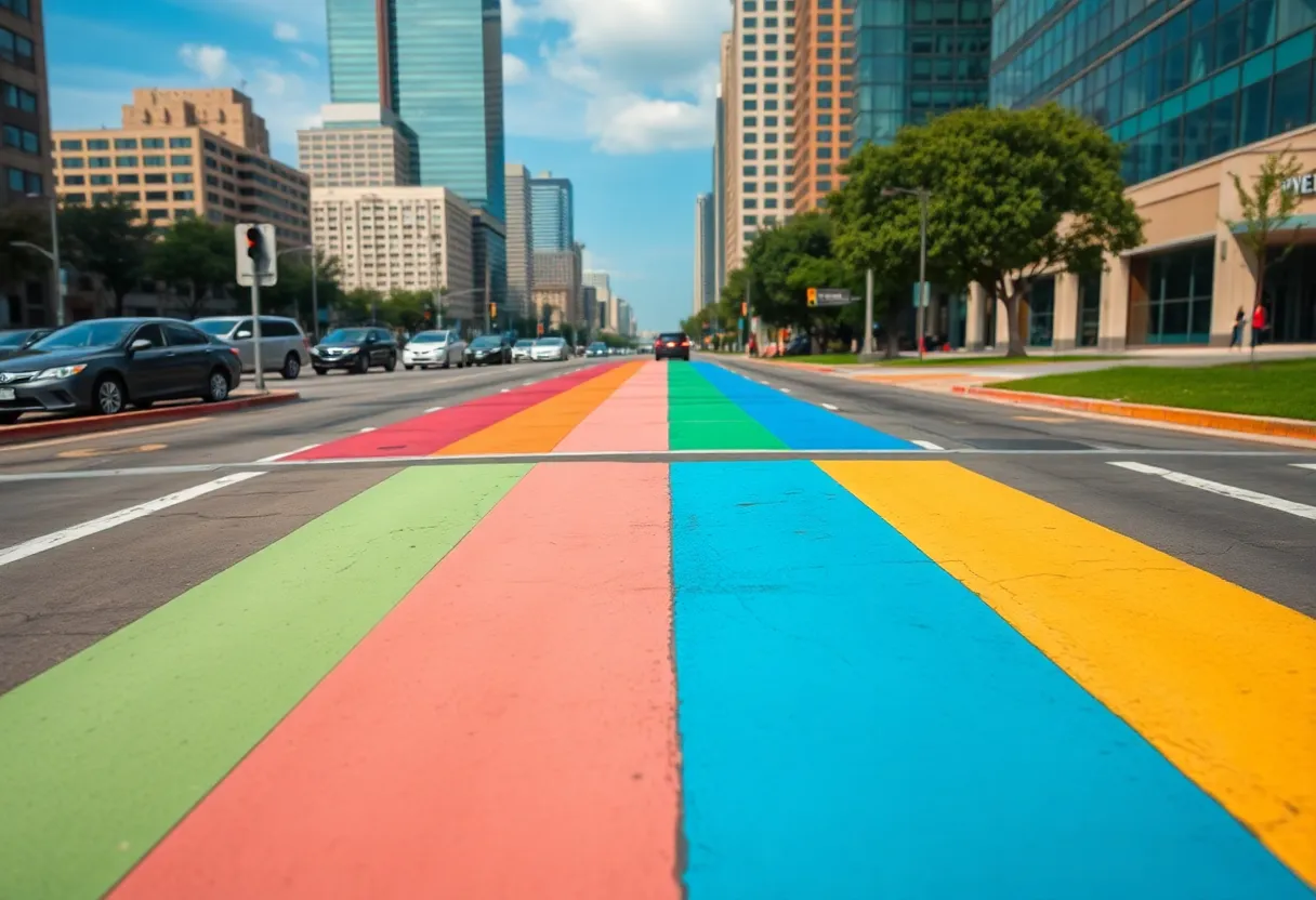 Rainbow crosswalk in Dallas symbolizing community identity