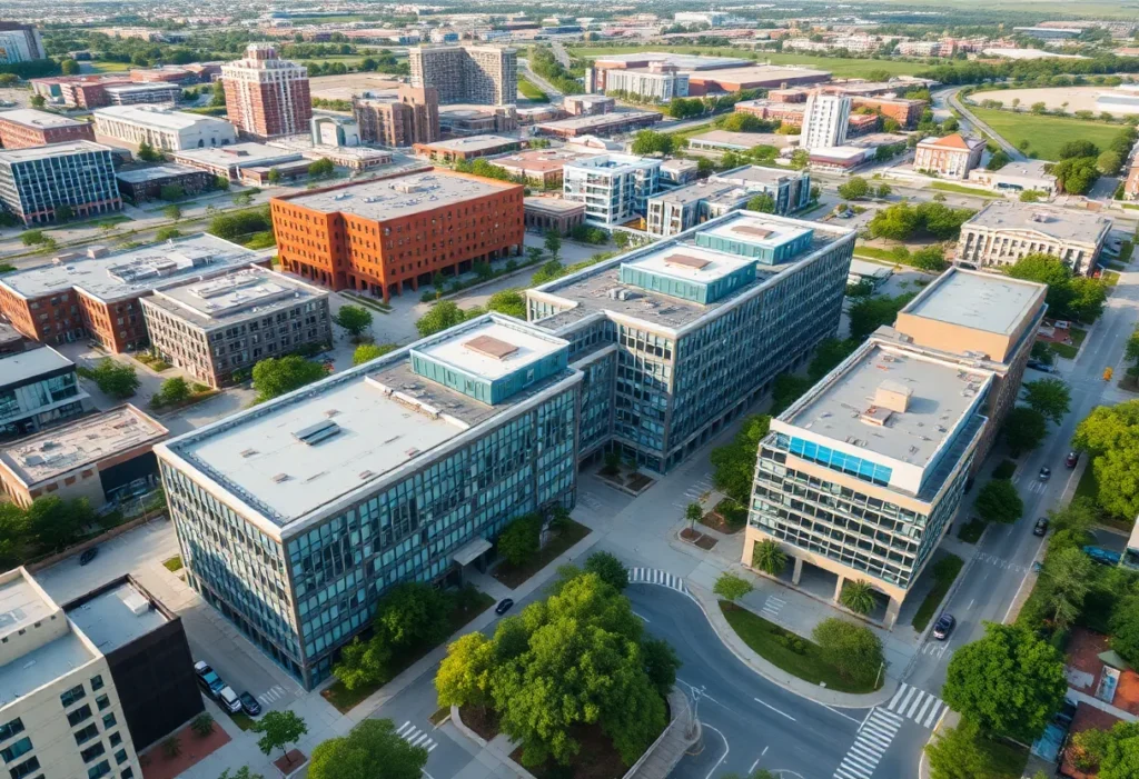 Aerial view of a mixed-use development in Dallas
