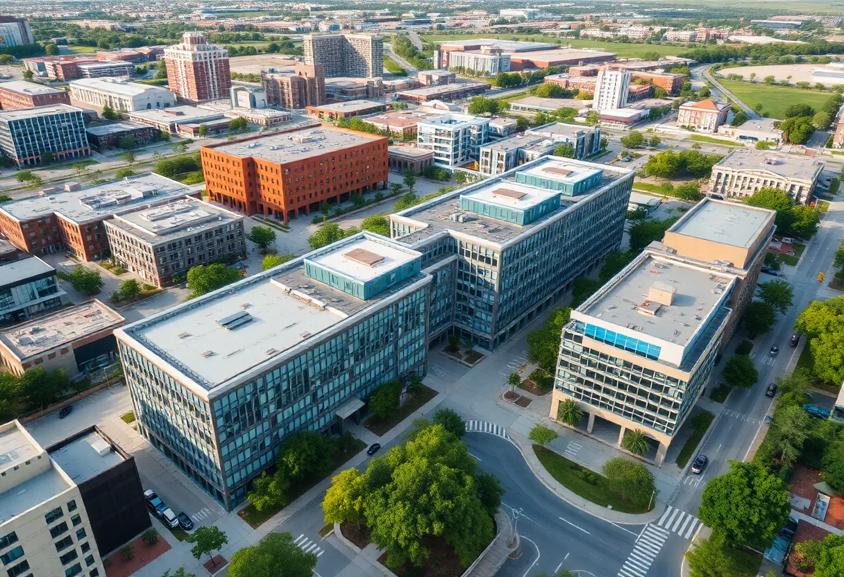 Aerial view of a mixed-use development in Dallas