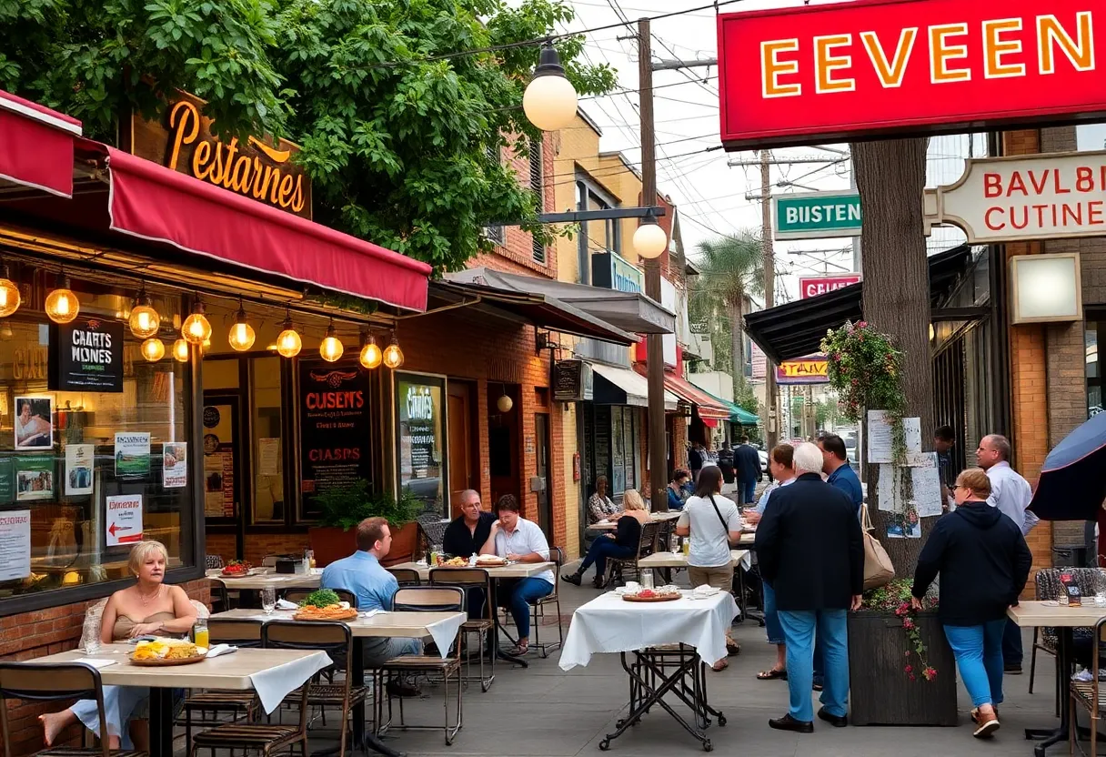 A lively street in Dallas filled with various restaurants impacted by immigration enforcement.