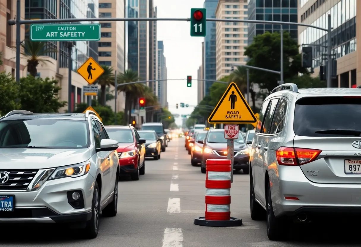 Urban road with pedestrians and vehicles highlighting safety