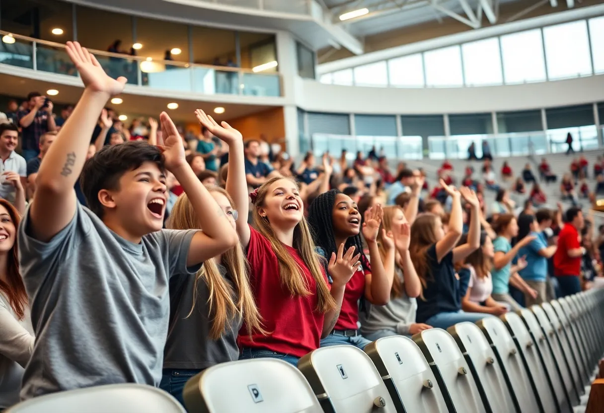 Students cheering at a Dallas high school sports event for UIL realignment