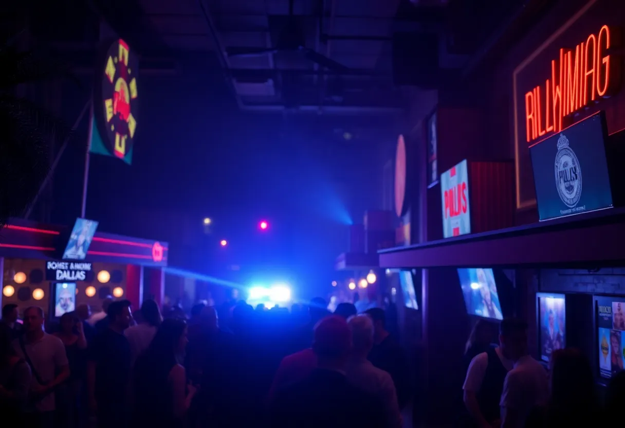 Nightclub scene with police lights indicating an ongoing incident.