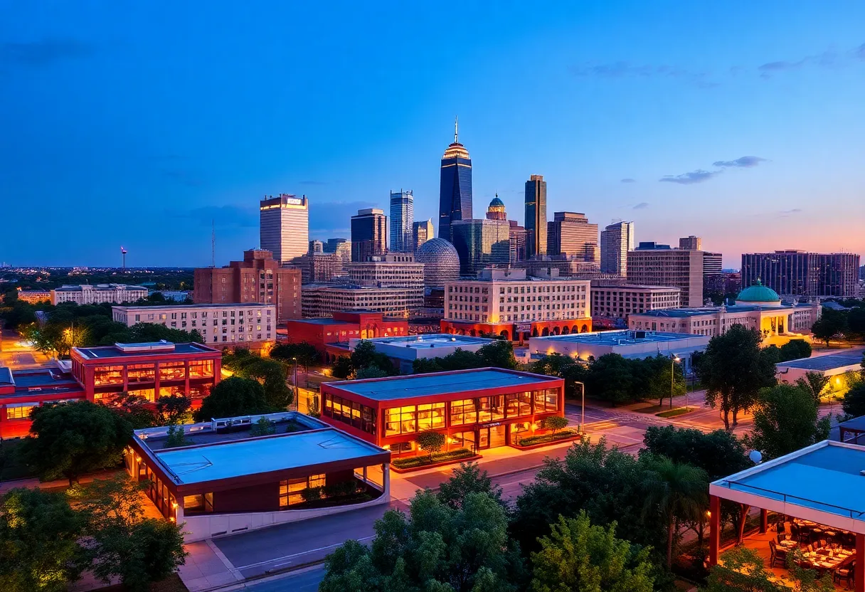 Dallas skyline featuring hotels and dining establishments