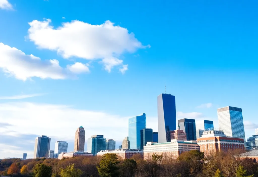 Dallas skyline under partly cloudy skies on a warm January day