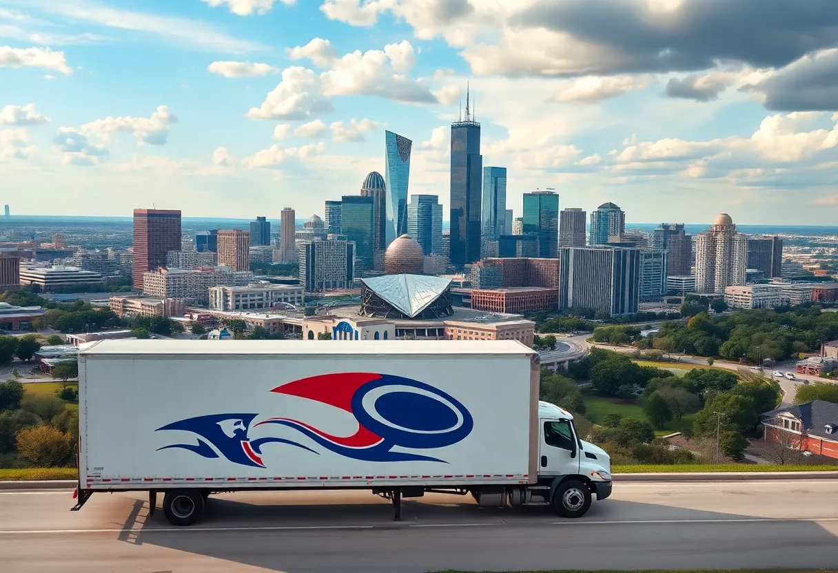 Aerial view of Dallas skyline with a U-Haul truck in front, symbolizing growth trends.