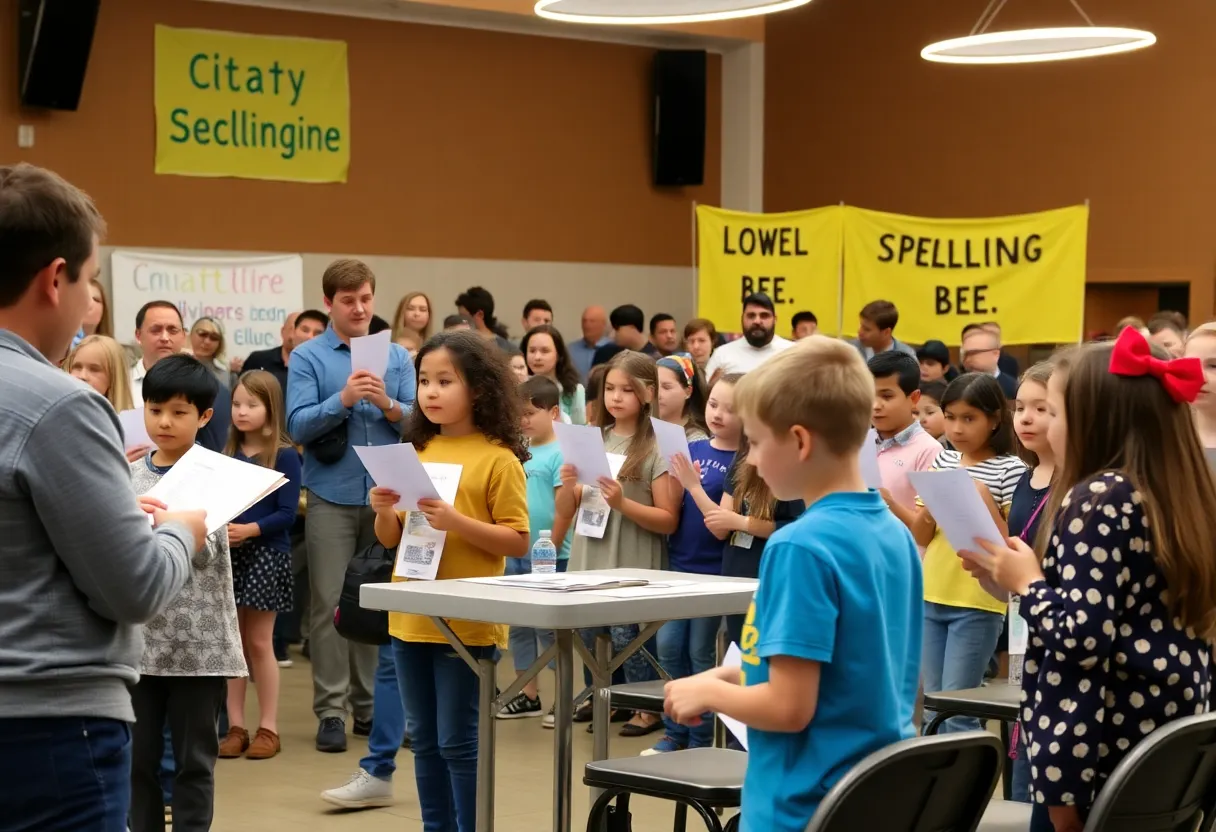 Young students competing in the Dallas Spelling Bee with spectators in support.