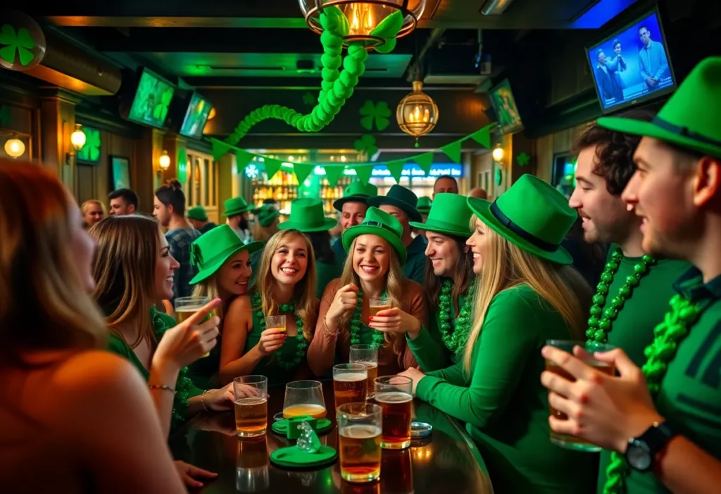 Revelers enjoying drinks during the Dallas St. Patrick's Day Bar Crawl